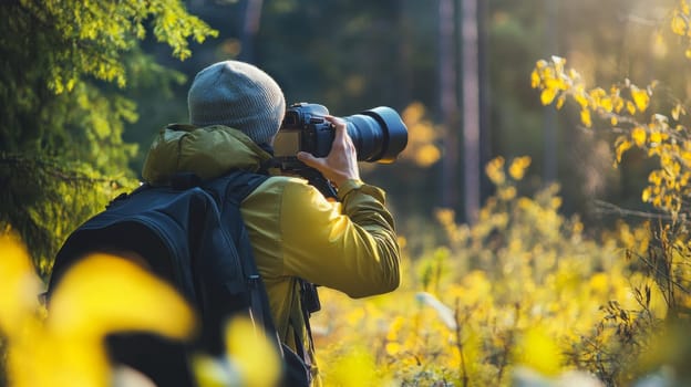 Photographer with professional camera and telephoto lens capturing spring forest scenery, surrounded by yellow flowers and fresh foliage.