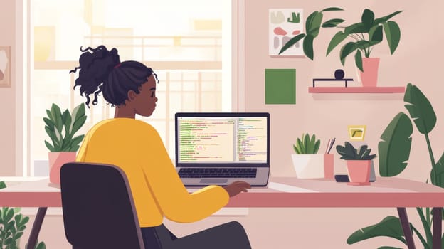 African American woman in yellow sweater working on laptop with colorful code visible, surrounded by plants and modern decor in bright home office.