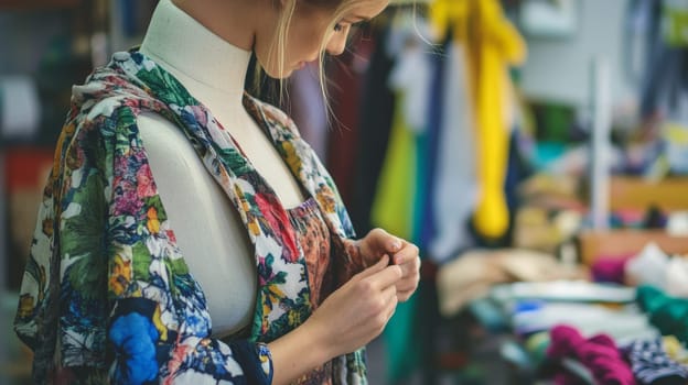A meticulous fashion designer in a floral print blouse carefully adjusts a colorful floral garment on a mannequin, surrounded by vibrant fabrics and design tools.