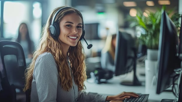 A smiling woman with curly hair wearing a headset in a bright office environment, representing warm and professional customer service.