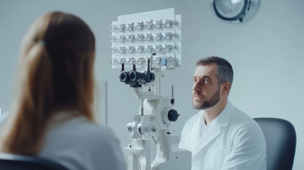 An optometrist in a white coat consulting with a patient during an eye examination, with advanced vision testing equipment in the foreground.