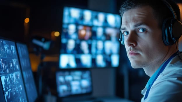 An attentive security guard closely monitors CCTV displays in a modern surveillance room.