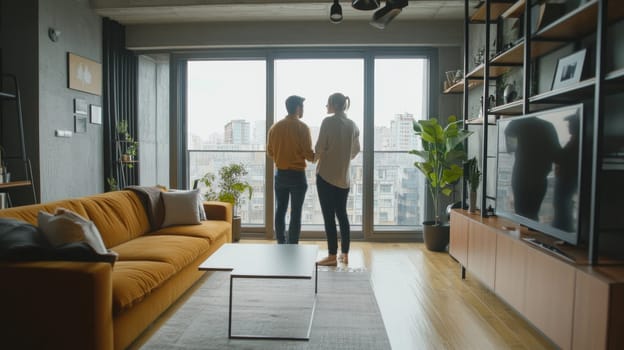 Rear view of couple standing by large windows in stylish living room, overlooking urban skyline, illustrating contemporary city living and relationship.