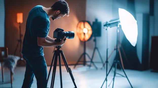 Male photographer fine tuning camera on tripod in dimly lit studio with atmospheric lighting, showcasing the artistic side of professional photography.