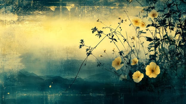 large flowers and small branches printed on top, inspired by abstract expressionist art. AI generative.