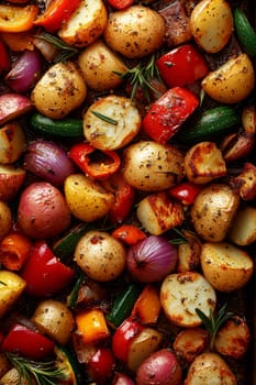 a rustic baking sheet filled with freshly roasted vegetables, including colorful peppers, onions, potatoes, zucchini and whole garlic cloves. Ai generative.