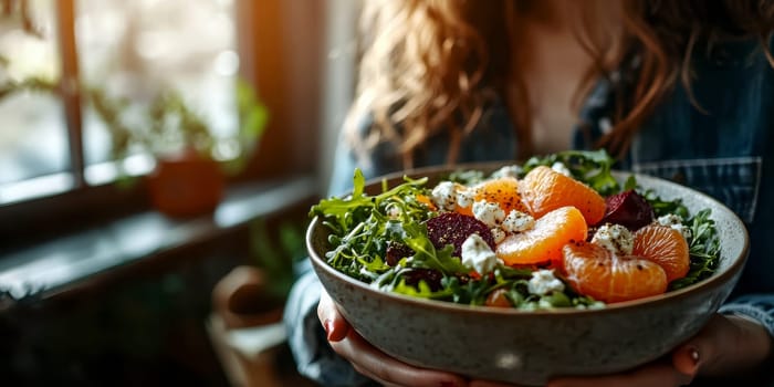 Salad with beetroot, tangerines, feta cheese and arugula,. AI generative