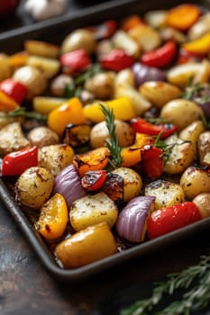 a rustic baking sheet filled with freshly roasted vegetables, including colorful peppers, onions, potatoes, zucchini and whole garlic cloves. Ai generative.