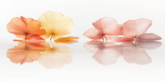 Lotus leaf, water reflection, perspective aesthetics, soft gradient colors, red and yellow, minimalist image from ancient China. AI generative.