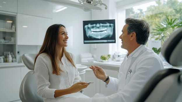 Smiling female patient in dental chair discussing with male dentist in white coat, bright modern clinic interior with dental x ray visible on screen.