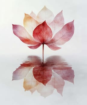 Lotus leaf, water reflection, perspective aesthetics, soft gradient colors, red and yellow, minimalist image from ancient China. AI generative.