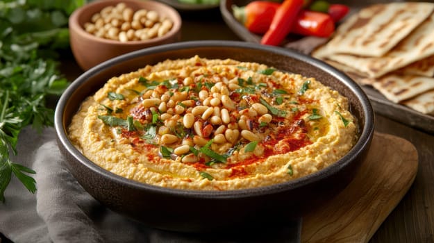 rustic style, roasted garlic hummus served in bowl topped with paprika, flat parsely and roasted pine nuts, served with pita bread, sticks, bell peppers and small bowl of olive oil professional food photography. High resolution photography, Hasselblad X2D camera --chaos 20 --ar 16:9 --style raw --stylize 300 --v 6.1 Job ID: ff795c95-5cff-4518-a316-681f30f4d62c
