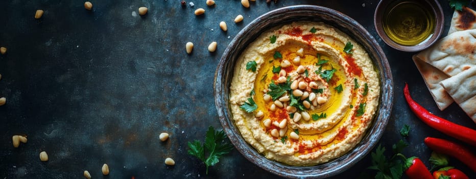 rustic style, roasted garlic hummus served in bowl topped with paprika, flat parsely and roasted pine nuts, served with pita bread, sticks, bell peppers and small bowl of olive oil professional food photography. High resolution photography, Hasselblad X2D camera --chaos 20 --ar 16:9 --style raw --stylize 300 --v 6.1 Job ID: ff795c95-5cff-4518-a316-681f30f4d62c