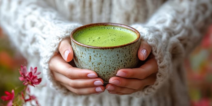 sitting smiling young woman drinking matcha tee. AI generative.