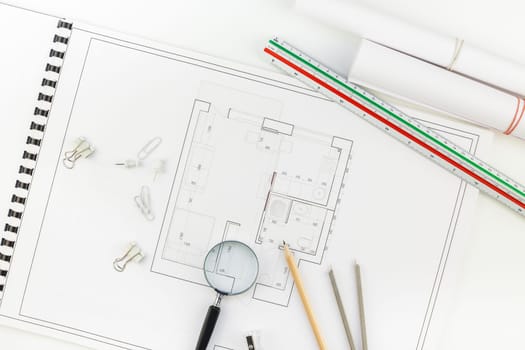 Creative flat lay overhead top view blueprints architectural flat project plan and office supplies on decorator white table workspace with swatches tools and equipment background copy space concept