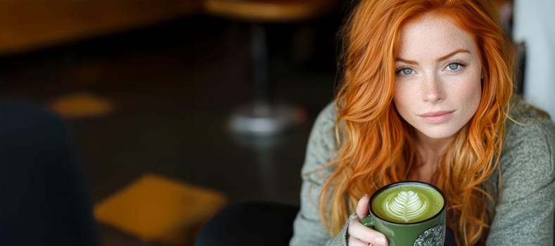 sitting smiling young woman drinking matcha tee. AI generative.