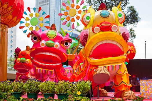 Park with traditional decoration dragon for chinese holiday. Hong Kong