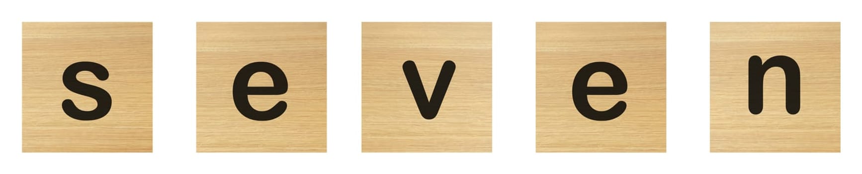 A seven word with wood blocks on white