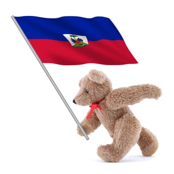 A Haiti flag being carried by a cute teddy bear