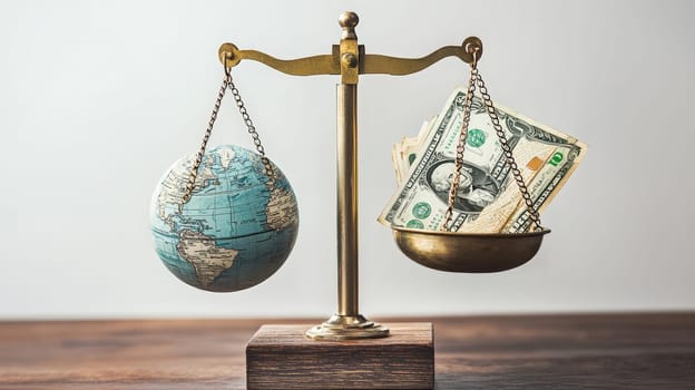 A striking visual for a presentation, featuring a traditional scale with a globe on one side and a stack of banknotes on the other. This powerful image represents the delicate balance between global sustainability and financial gain, urging reflection on the value of our planet in contrast to monetary wealth.