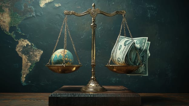 A striking visual for a presentation, featuring a traditional scale with a globe on one side and a stack of banknotes on the other. This powerful image represents the delicate balance between global sustainability and financial gain, urging reflection on the value of our planet in contrast to monetary wealth.