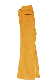 Women casual pants. Womans yellow jeans, corduroy trousers or jersey sweatpants isolated on a white background. Clipping path. Jogging outfit for workout.