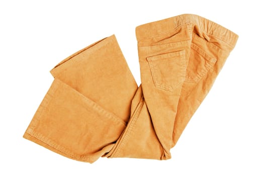 Women casual pants. Womans yellow jeans, corduroy trousers or jersey sweatpants isolated on a white background. Clipping path. Jogging outfit for workout.