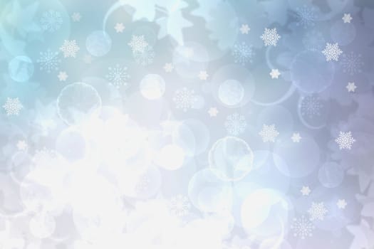 Christmas card template. Abstract festive natural blue white winter christmas background texture with blue and bokeh lighted snowflakes, stars. Beautiful card design.