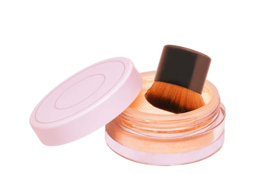 Face powder isolated. Closeup of translucent loose powder for face in a open jar isolated on white background. Concept beauty.