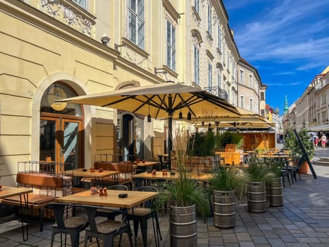 Venturska Klubovna Pub Outdoors on the Street in the Old Town. High-quality photo