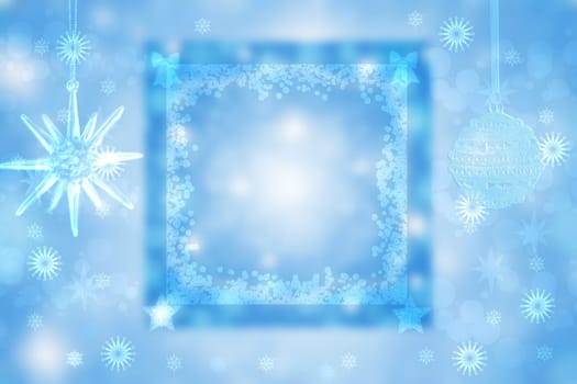Christmas card template. Abstract festive natural blue white winter christmas background texture with blue and bokeh lighted snowflakes, stars and a frame. Beautiful card design.