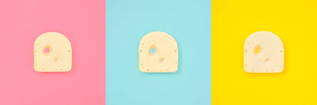 Cheese piece collage in Creative conceptual top view flat lay set of color squares with copy space isolated on bold yellow, pink, blue background in minimal style