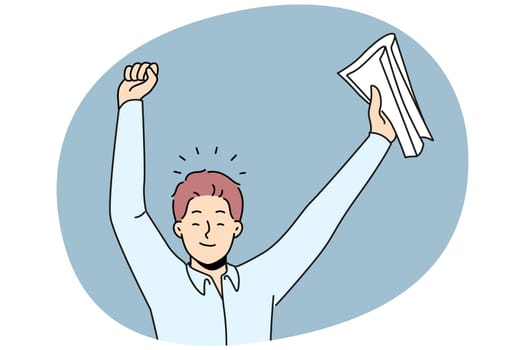 Happy businessman with papers in hands celebrating signing of successful business contract. Successful man office worker rejoice at device at vacancy with big salary and free insurance.