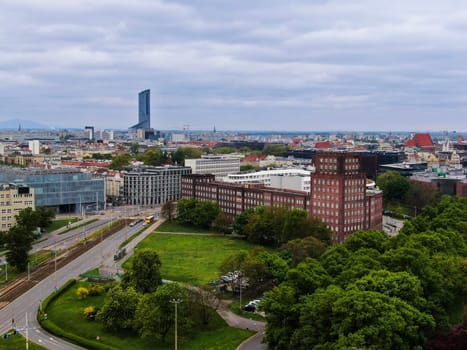 Panoramic view of the Postal Museum and the city of Wroclaw, with the Sky Tower and the Old Town in the background. High quality photo