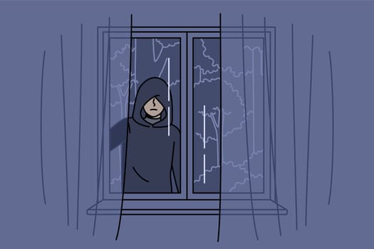 Stalker peers out of apartment window at night, causing fear due to violation of personal space. Stalker follows victim to commit crimes or find out secret information using deceptive methods.