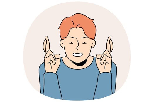 Man crosses fingers and closes eyes in hope of fulfilling wish or lucky fate. Casual superstitious guy makes wish about winning lottery or favorable circumstances for making money.