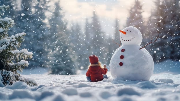 A heartwarming scene of a little girl sitting in the snow, building a massive and impressive snowman. Surrounded by a backdrop of fir trees and a bright, clear sky, the image captures the beauty of winter in a minimalist, realistic style. The weather is calm and pleasant, emphasizing the joyful simplicity of this winter moment.