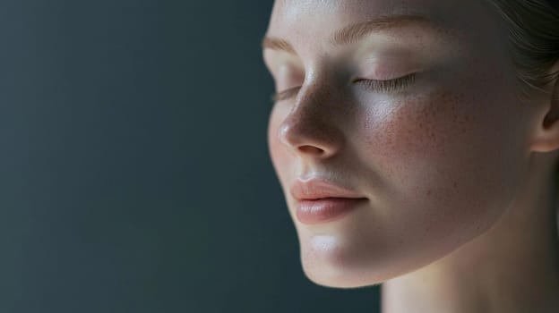 A detailed and realistic close-up of a woman performing her skincare routine in a serene, naturally lit setting. The image captures the essence of Scandinavian minimalism, emphasizing simplicity, natural beauty, and self-care, with soft lighting highlighting the textures of the skin in a relaxed environment. Perfect for promoting wellness, beauty, and self-care.