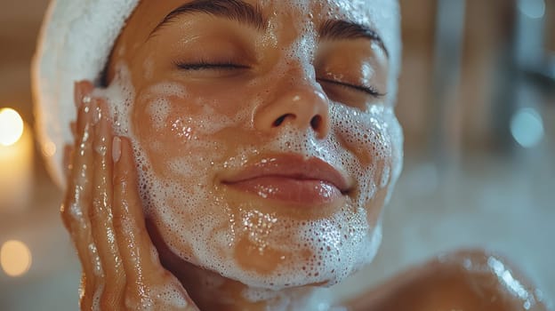 A detailed and realistic close-up of a woman performing her skincare routine in a serene, naturally lit setting. The image captures the essence of Scandinavian minimalism, emphasizing simplicity, natural beauty, and self-care, with soft lighting highlighting the textures of the skin in a relaxed environment. Perfect for promoting wellness, beauty, and self-care.