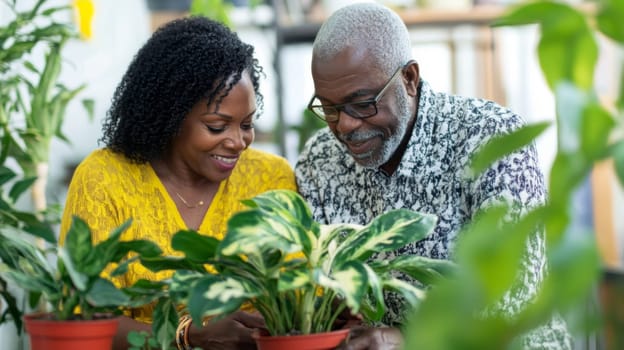 Couple caring houseplants at home. African american mature man and woman with green plants. AI Generated
