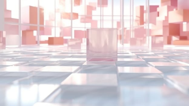 Abstract pastel pink geometric shapes with white sphere and blocks background, AI Generated
