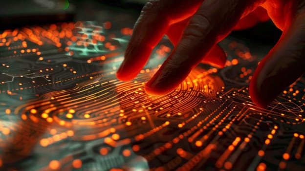 Finger touching digital fingerprint scanner on glowing virtual keyboard, identification concept, AI Generated