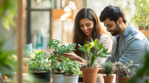 Couple caring houseplants at home. Indian young man and woman with green plants. AI Generated