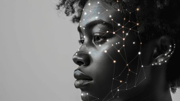 Human face with digital network pattern on dark background, authentication scanning concept, AI generated
