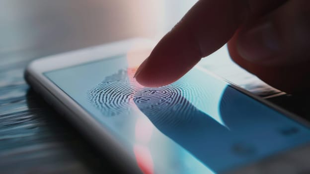 Fingerprint scanning on smartphone screen representing technology security, AI Generated