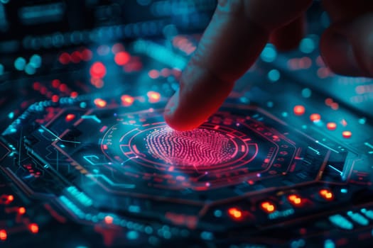 Finger touching digital fingerprint scanner on glowing virtual keyboard, identification concept, AI Generated
