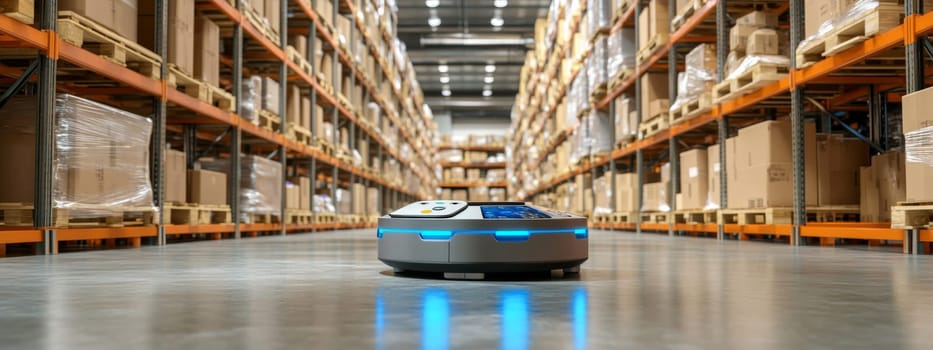 Robot holding tablet in warehouse filled with cardboard boxes, logistics technology concept, AI Generated