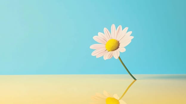 Single daisy on colorful background with reflection and copy space, AI generated
