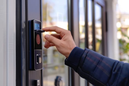 Fingerprint scanning on entrance door representing smart home technology security, AI Generated