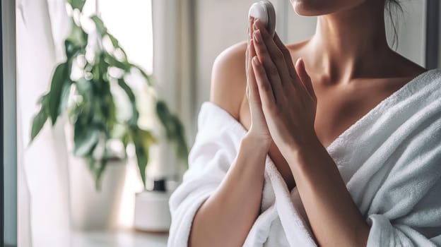 A detailed and realistic close-up of a woman performing her skincare routine in a serene, naturally lit setting. The image captures the essence of Scandinavian minimalism, emphasizing simplicity, natural beauty, and self-care, with soft lighting highlighting the textures of the skin in a relaxed environment. Perfect for promoting wellness, beauty, and self-care.